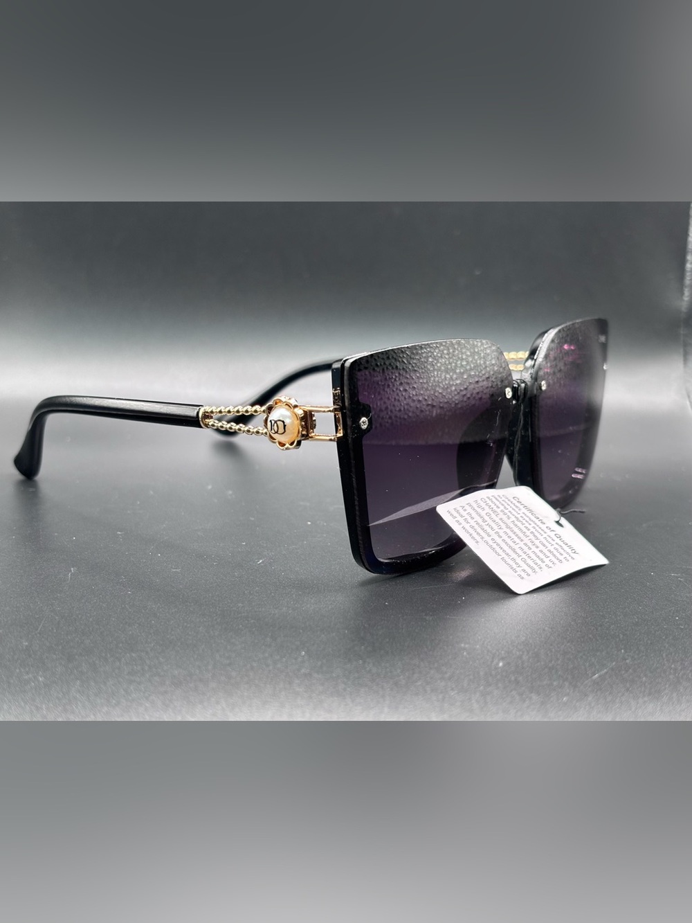 Black Oversized Square Women's Sunglasses with Gold Chain Pearl accent - Picture 1 of 2